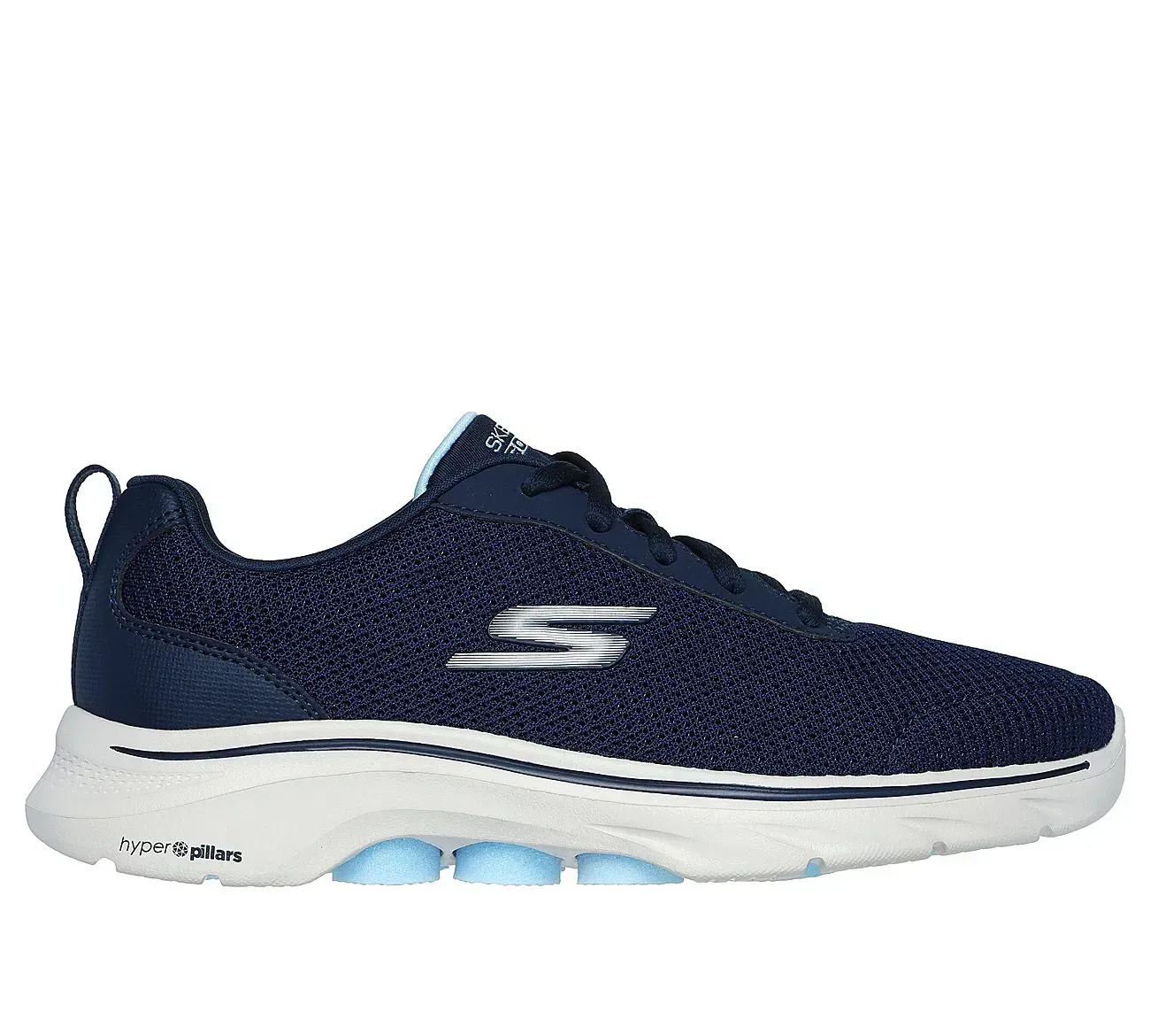 Zapato para caminar Skechers Go Walk Arch Fit de color azul marino con suela blanca.