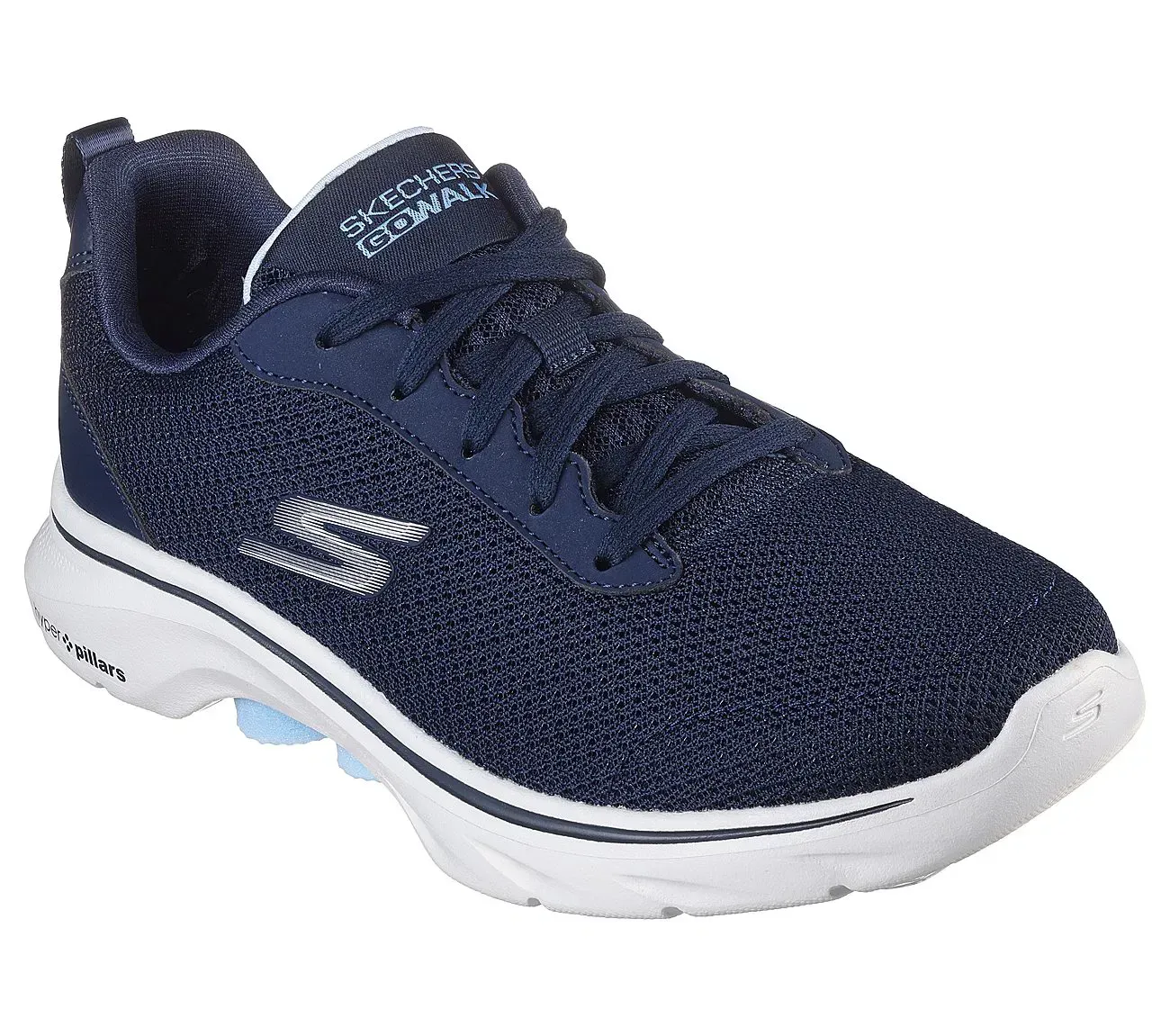 Zapato para caminar Skechers Go Walk Arch Fit de color azul marino con suela blanca.