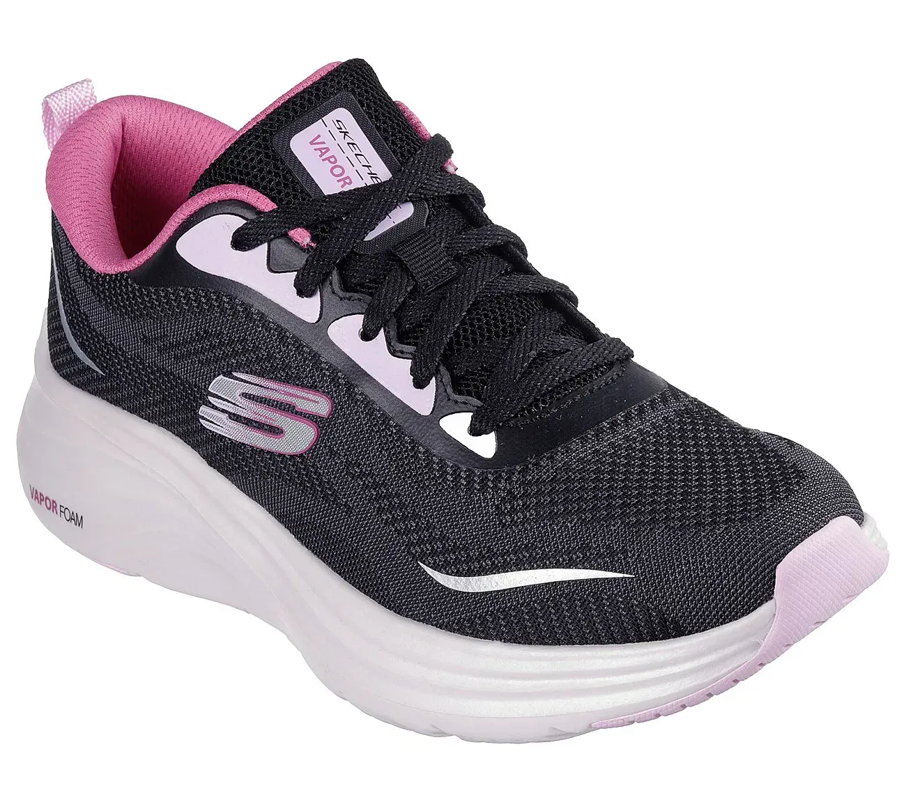 Zapatilla deportiva Skechers negra y rosa con suela blanca.