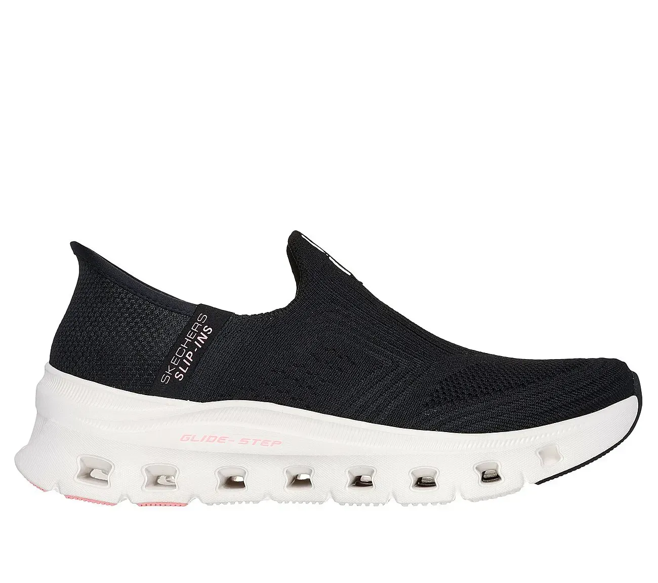 Zapatilla deportiva Skechers negra sin cordones con suela blanca luminosa.