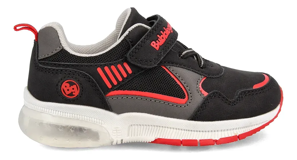 Zapato Bubblegum negro y rojo para niño, con suela luminosa y cierre de velcro.