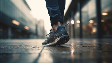 Persona atándose los cordones de unas zapatillas deportivas negras y rojas, al aire libre.