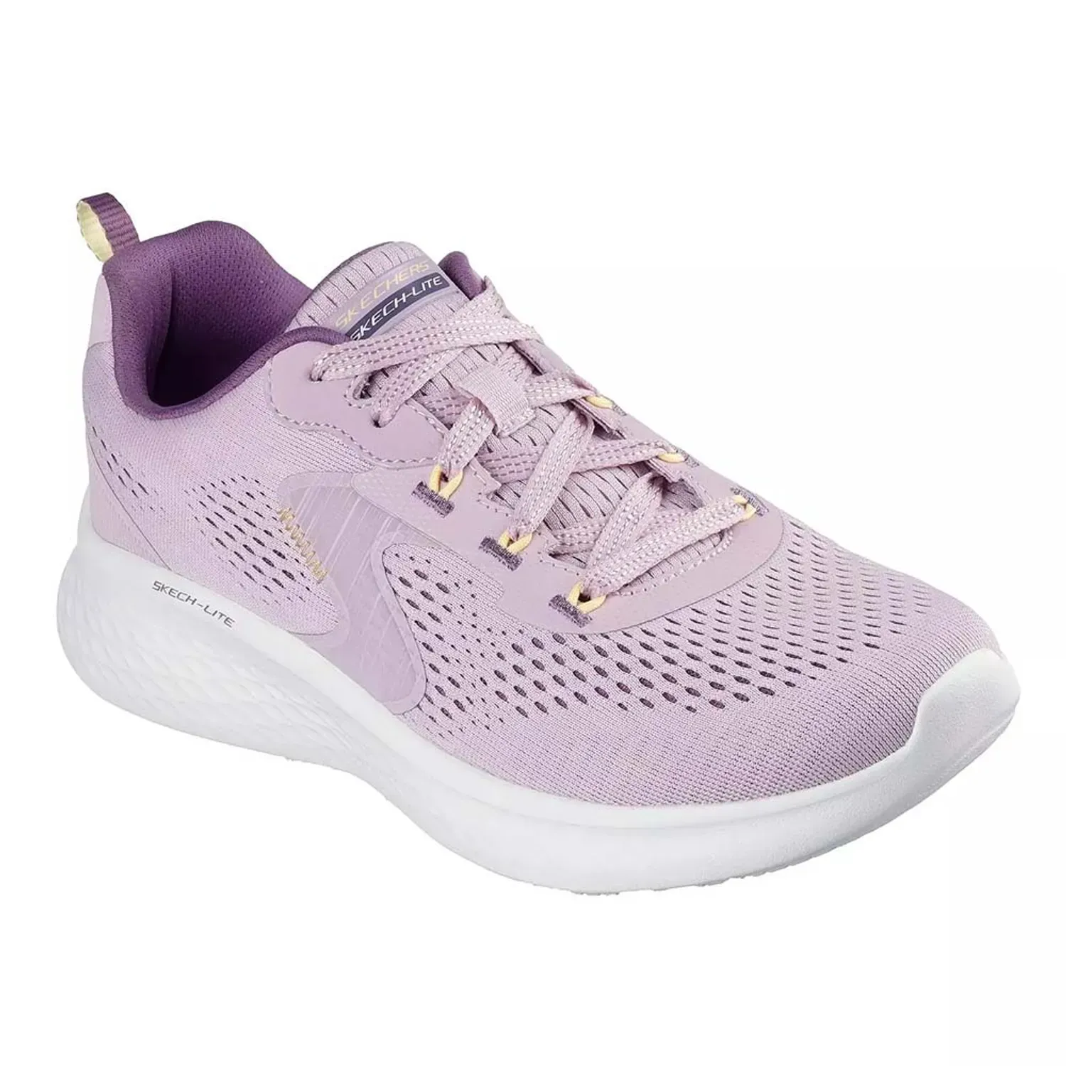Zapatilla deportiva Skechers color lavanda con suela blanca.