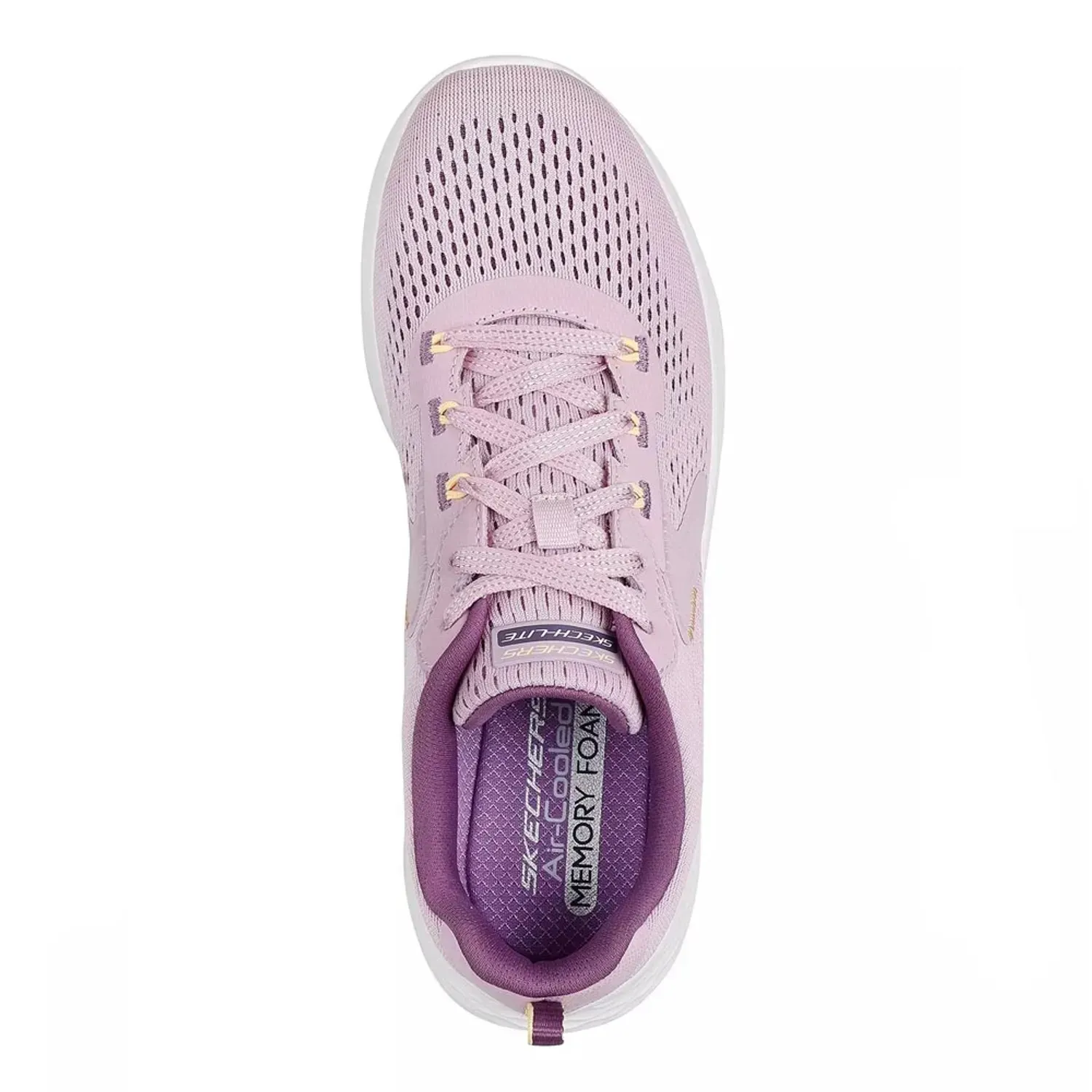 Zapatilla deportiva Skechers color lavanda con suela blanca.