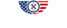 A logo with an american flag and two wrenches in a circle.