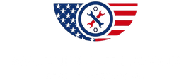 A logo with an american flag and two wrenches in a circle.
