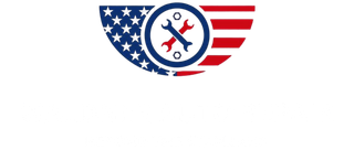 A logo with an american flag and two wrenches in a circle.