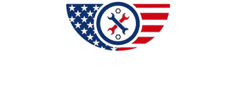 A logo with an american flag and two wrenches in a circle.