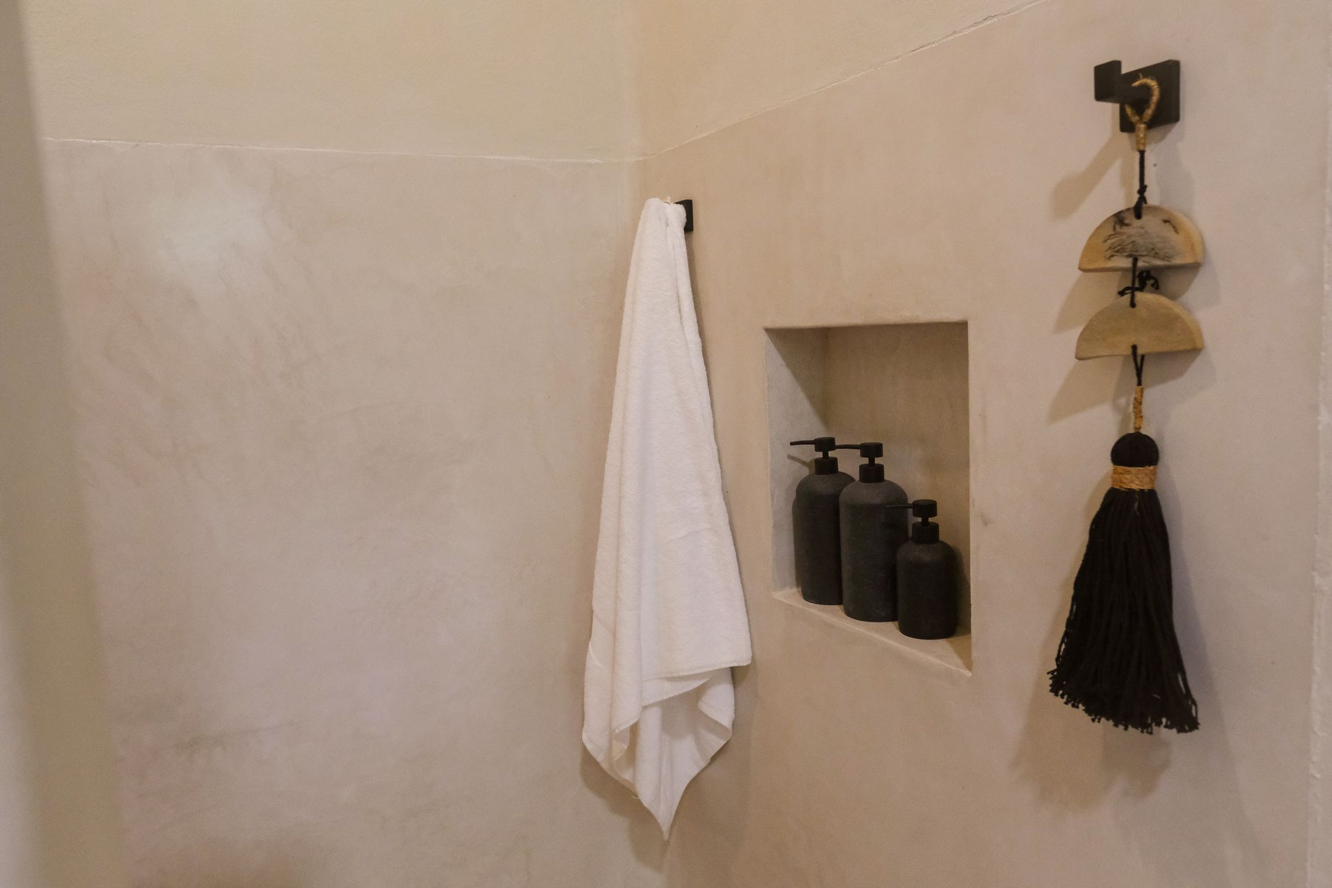 Bathroom with white towel hanging on black hook; shampoo and soap bottles in recessed shelf.