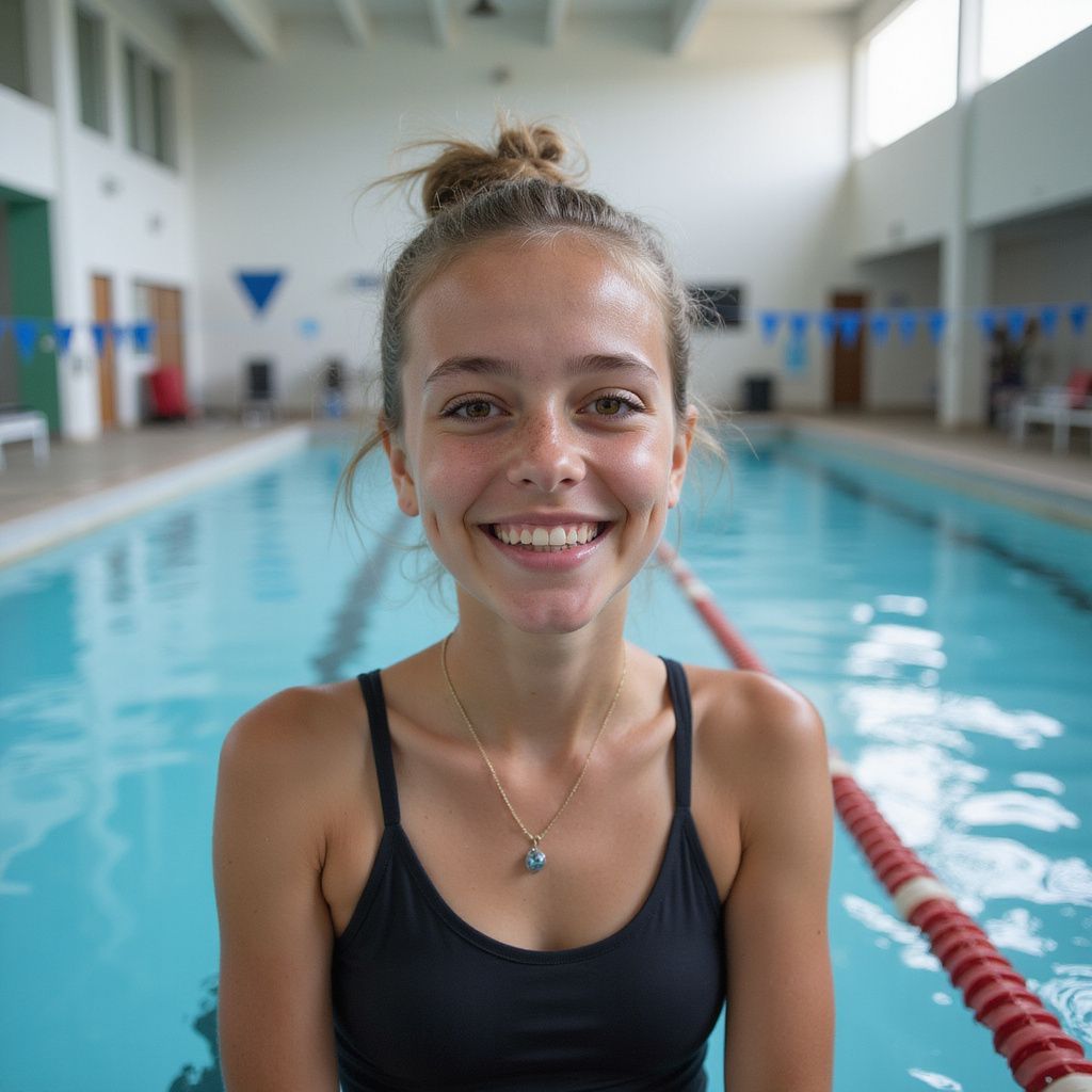 Young woman with a bun smiling at the camera in a swimming pool, wearing a black swimsuit and a necklace.