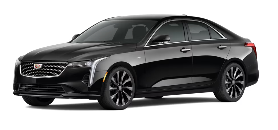 A black cadillac ct4 sedan is shown on a white background.