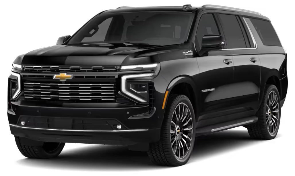 A black chevrolet suburban suv is shown on a white background.