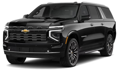A black chevrolet suburban suv is parked on a white background.