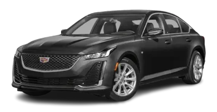 A black cadillac ct5 is shown on a white background.