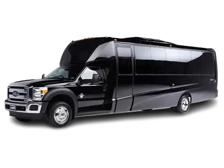 A black shuttle bus is parked on a white background.