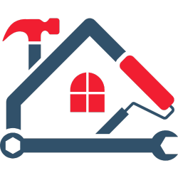 Blue and red illustration of a house shape made of tools: hammer, wrench, and paint roller; with a red window.