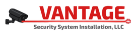 Logo for Vantage Security System Installation, LLC: red text, security camera, red laser, and tagline.