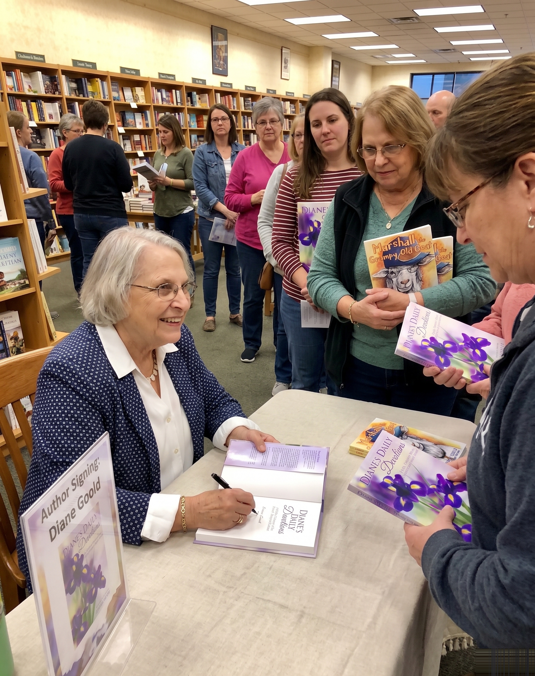Author signing books at a library table while visitors wait with copies.