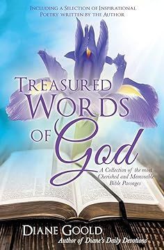Book cover with purple flowers over an open Bible, titled “Treasured Words of God” by Diane Gould.