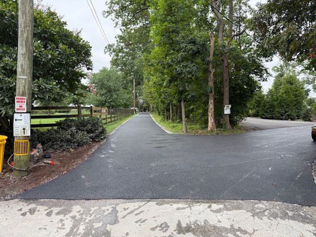 Paved road with a T-intersection, surrounded by trees and greenery. A utility pole is on the left.
