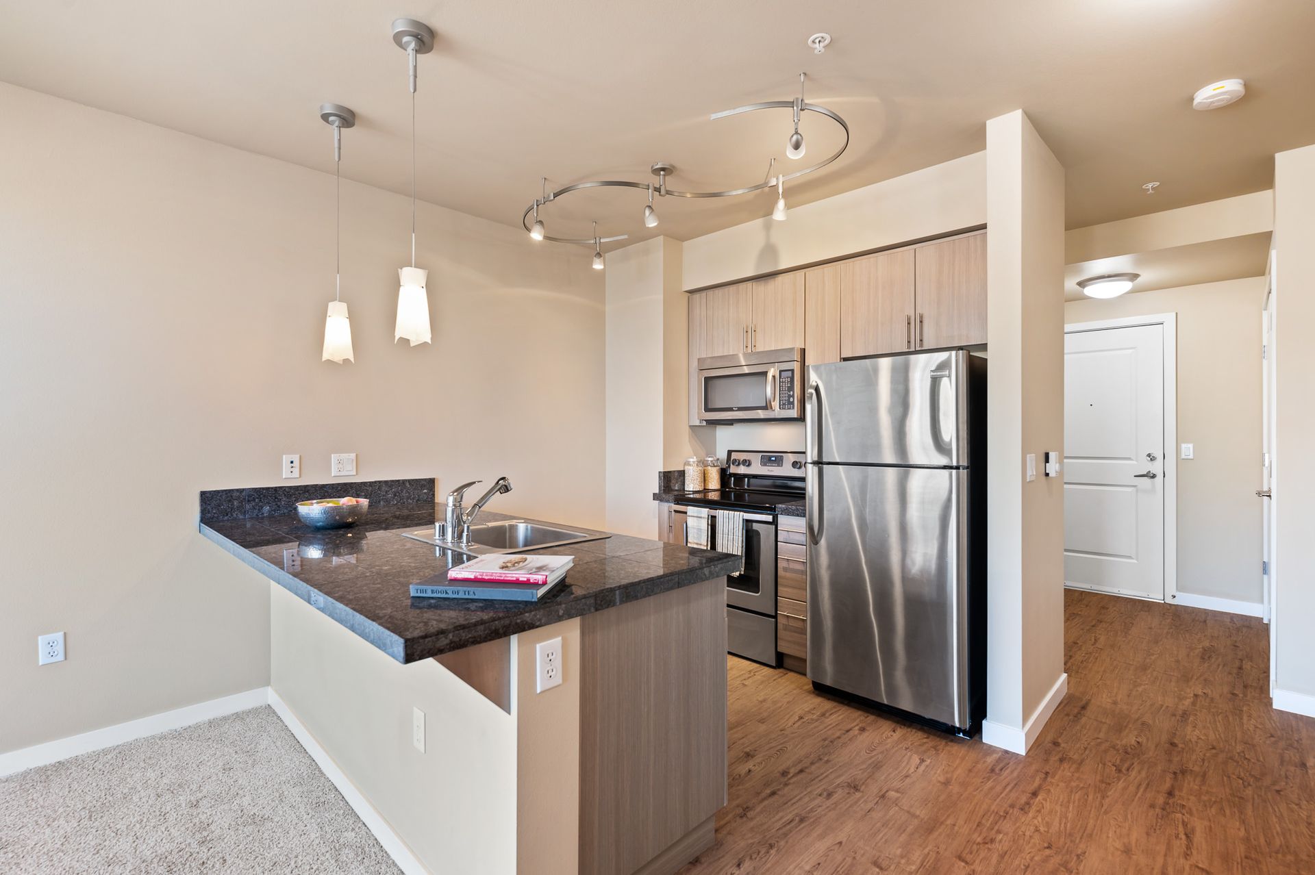 Photo of the kitchen showing the entrance to the apartment