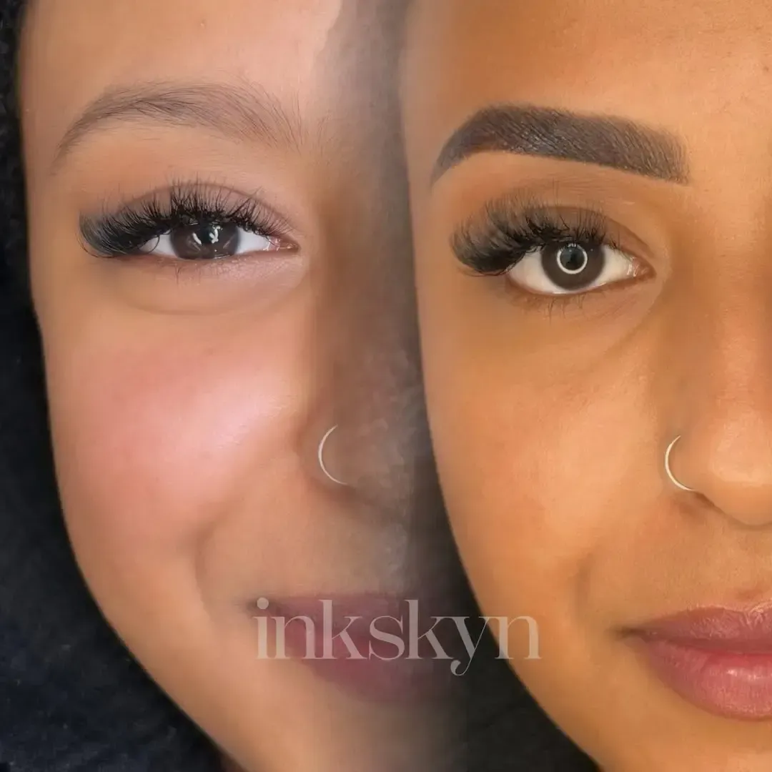 A close up of two women 's faces with inkskyn written on the bottom