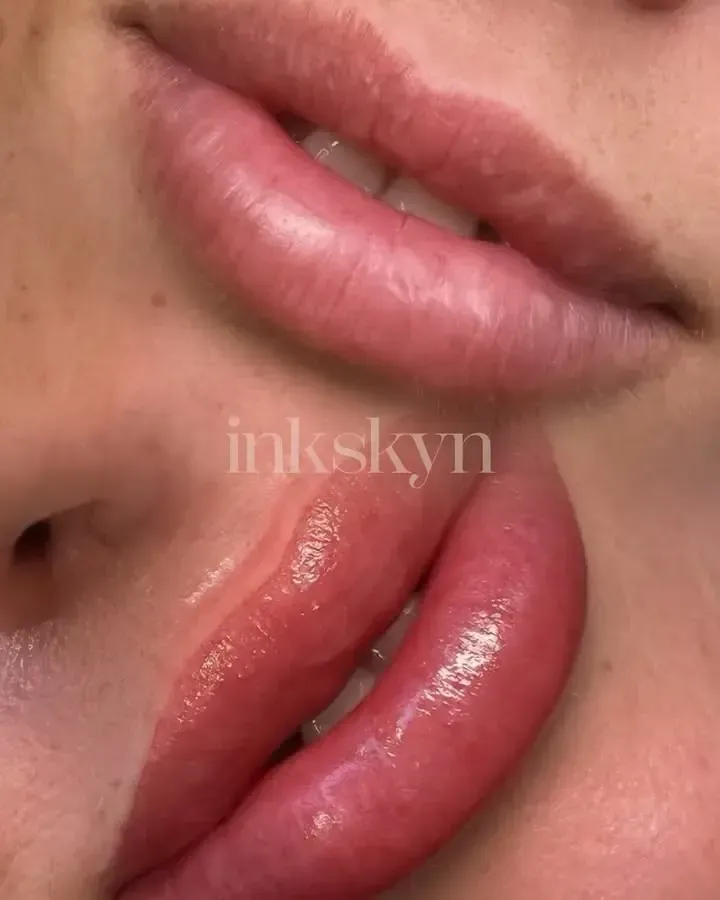 A close up of a woman 's lips with ink skyn written on the bottom