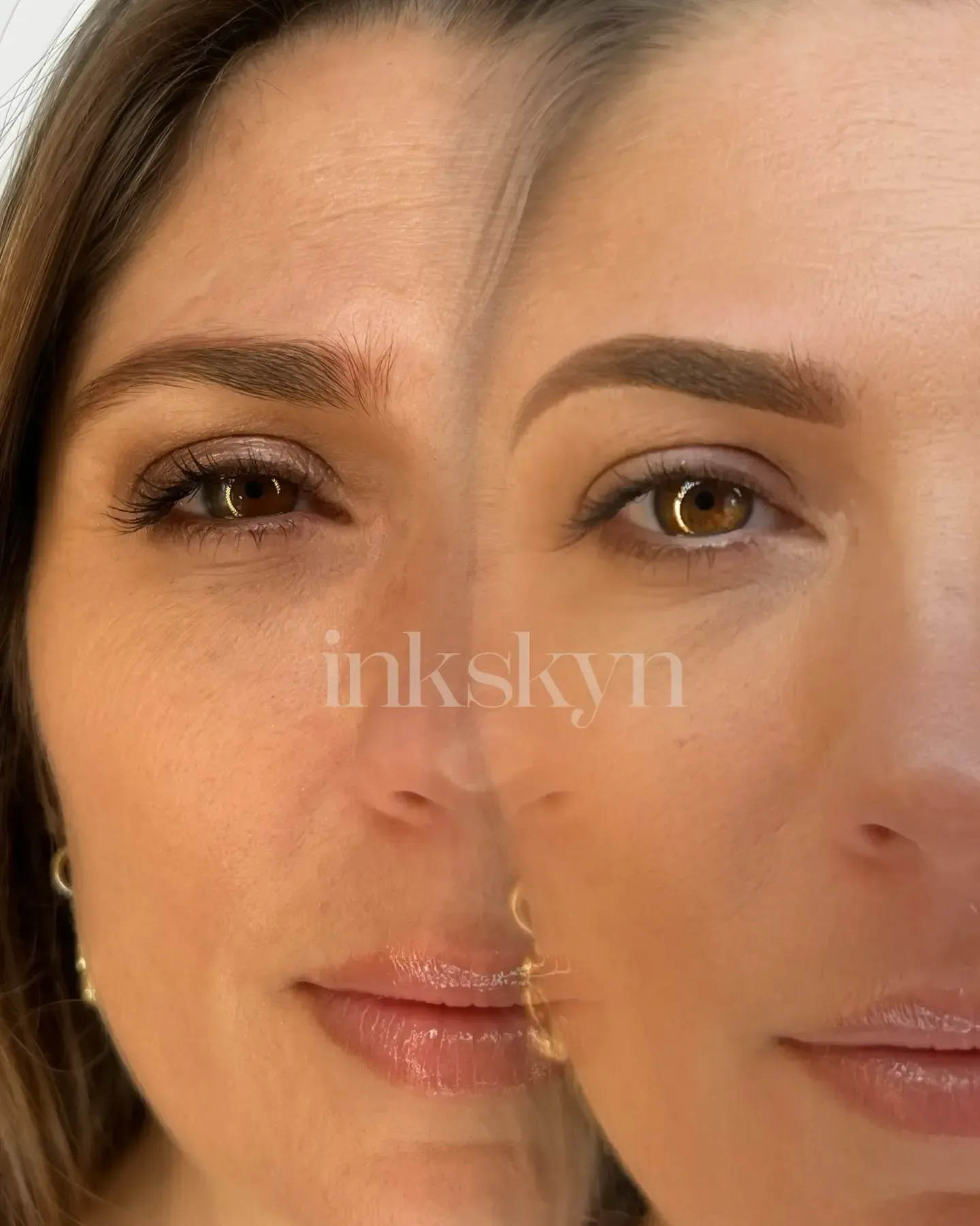 A before and after photo of a woman 's eyebrows.