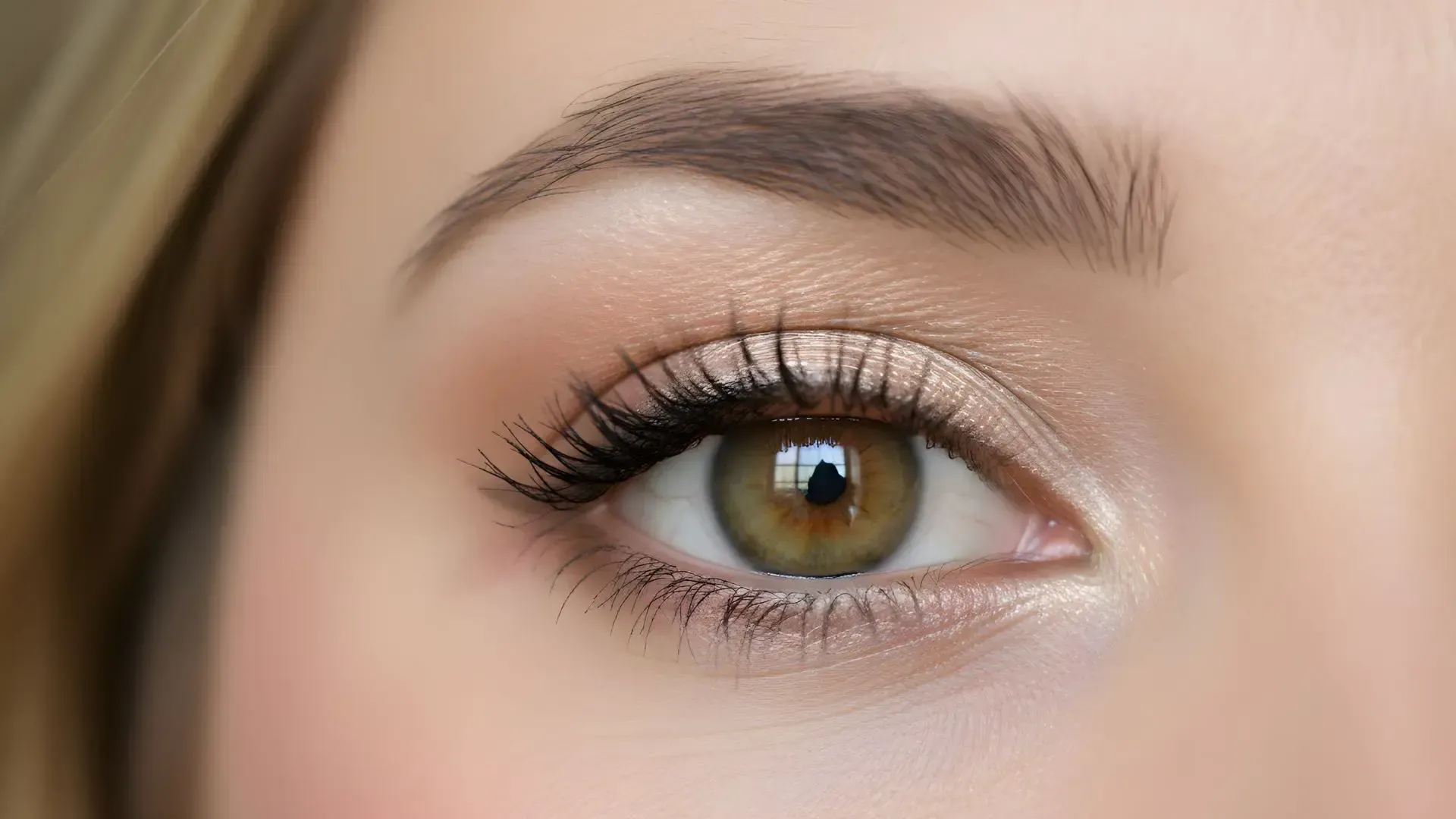 Close-up of an eye with neutral eyeshadow and mascara, set against a light skin tone.
