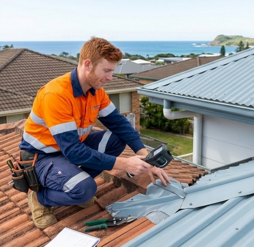 Roofer in orange work shirt on a roof, inspecting metal flashing. Coffs Harbour ocean view, sunny day.