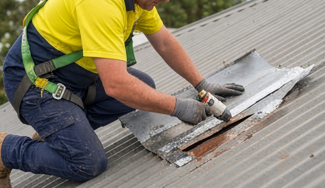 Roofer kneeling, repairing metal roof with sealant and wearing a safety harness.
