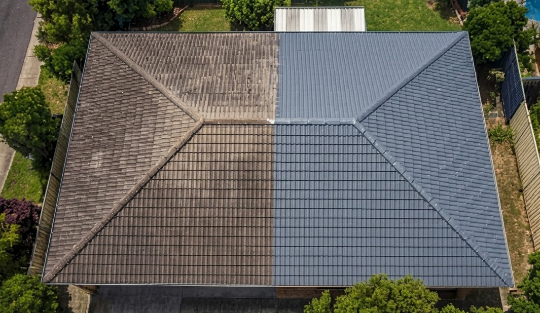 Half-cleaned tiled roof: brown, dirty on left; gray, clean on right. Overhead view, showing contrast.