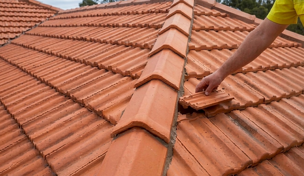 Person's hand placing a terracotta roof tile on a pitched roof, orange tiles visible.