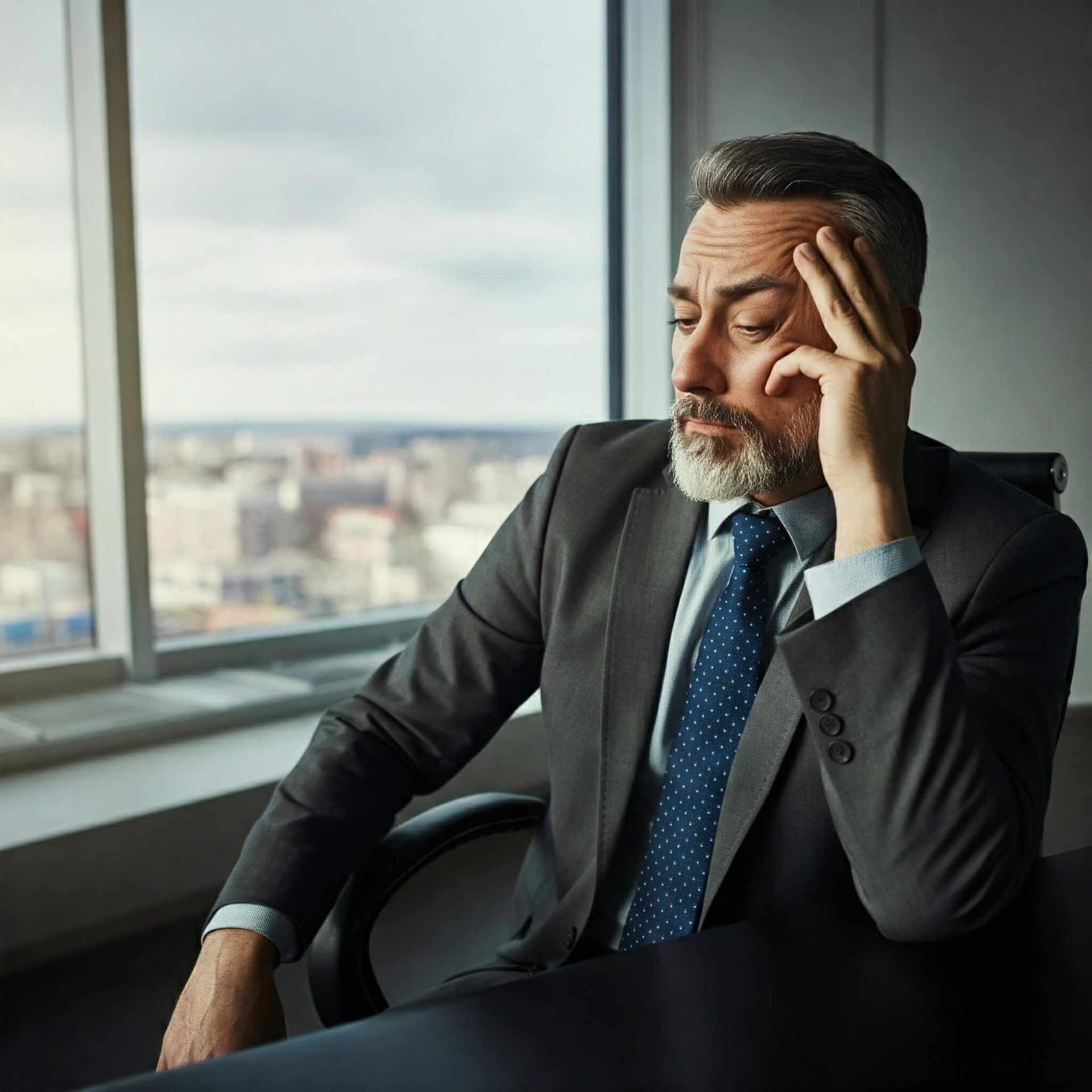 An overwhelmed-looking executive sitting alone in a large office, contemplating their career and fee