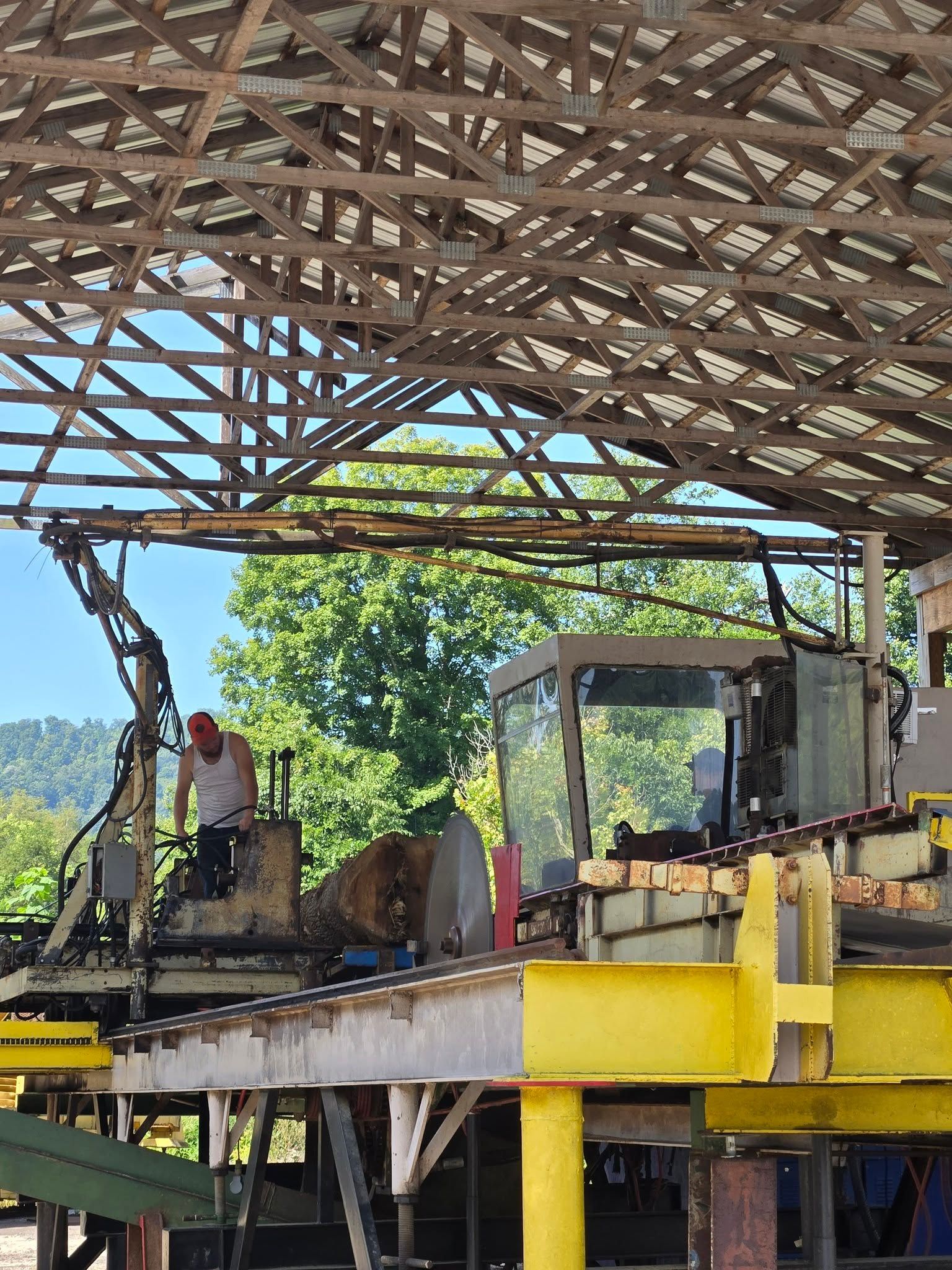Man operating machinery at a lumber mill, under a wood-framed roof. Green trees and blue sky are visible.