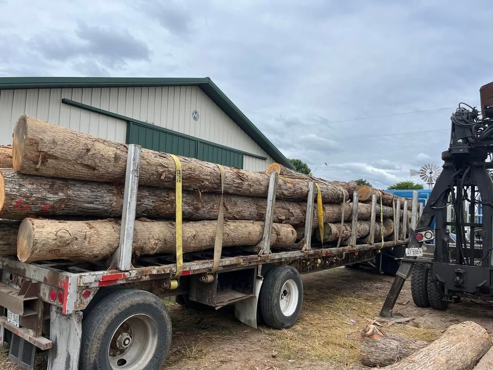 A trailer filled with logs is parked in front of a building.