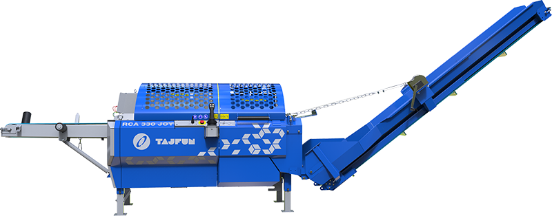 Blue industrial machine with a conveyor belt.