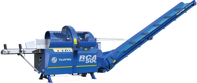 Blue wood chipper with a conveyor belt, for processing wood.