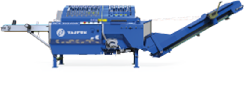 Blue industrial machine with conveyor belts and a hopper, likely for processing materials.
