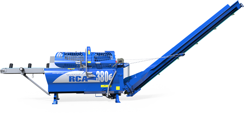 Blue RCA 380e wood chipper machine with an inclined conveyor belt, against a white background.
