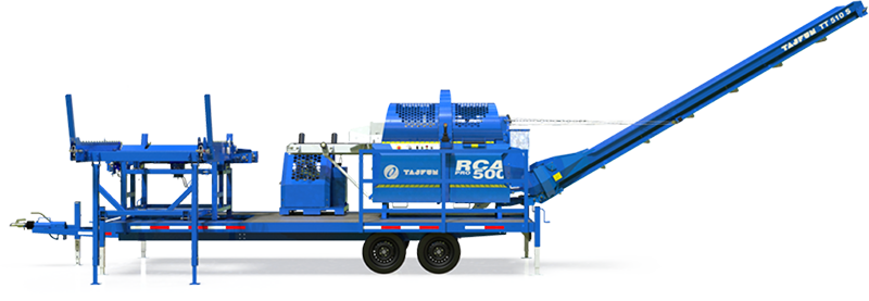 Blue agricultural machine with conveyor, on a trailer.