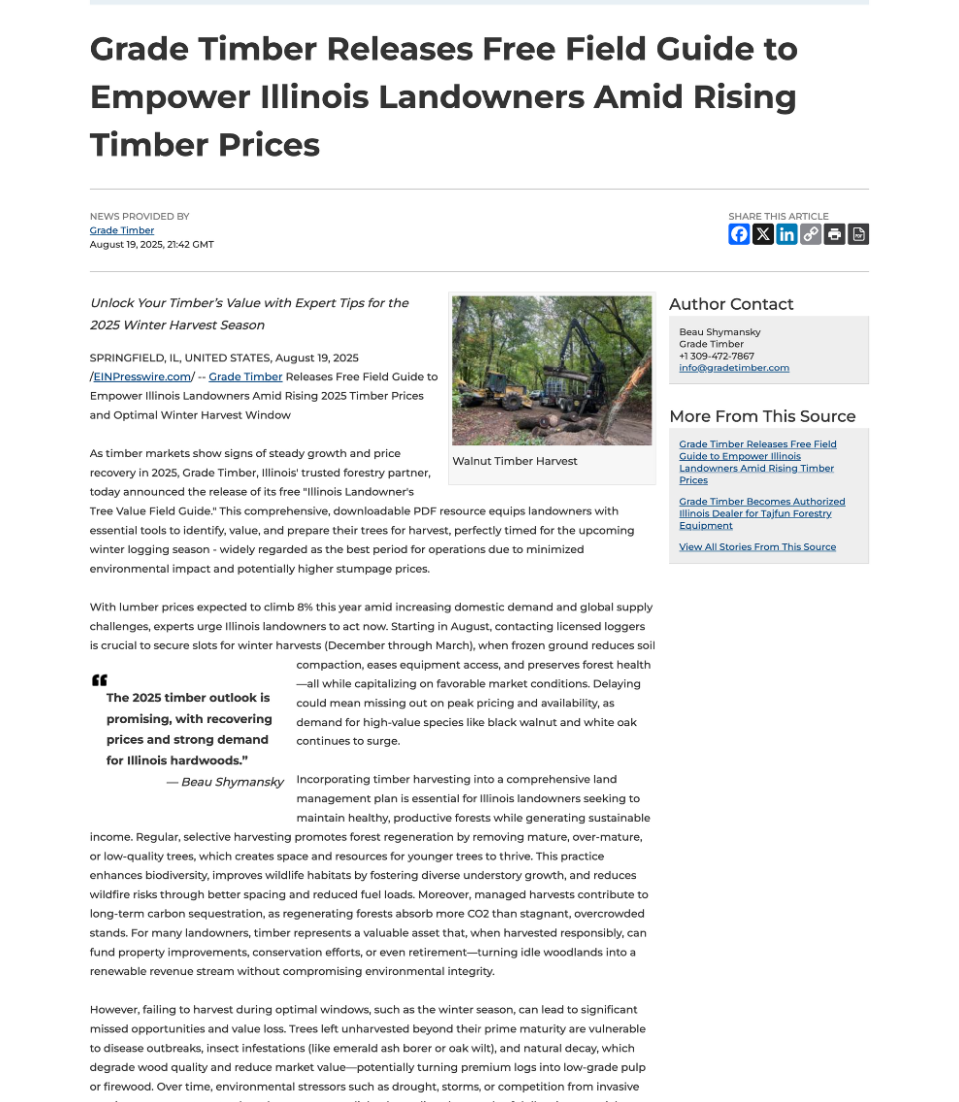 Article: Grade Timber releases free field guide to empower Illinois landowners.
