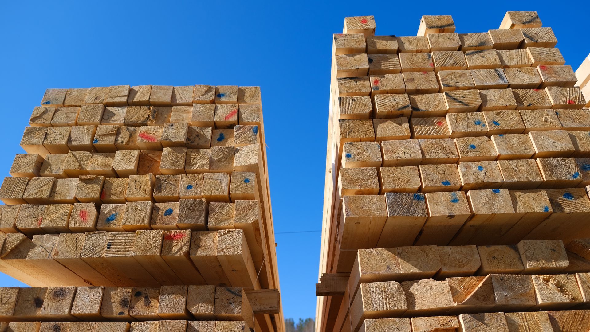 Two stacks of freshly cut lumber against a clear blue sky.
