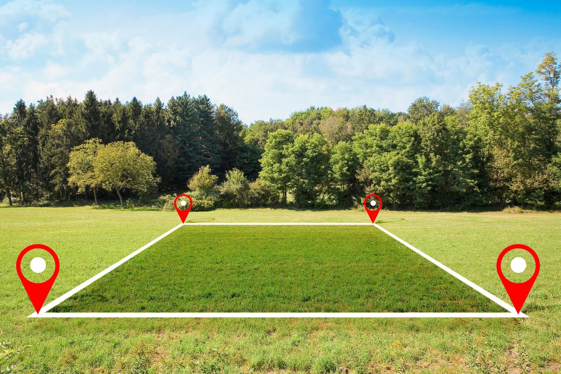 Land with marked boundaries and red location pins in a grassy field with trees under a blue sky.