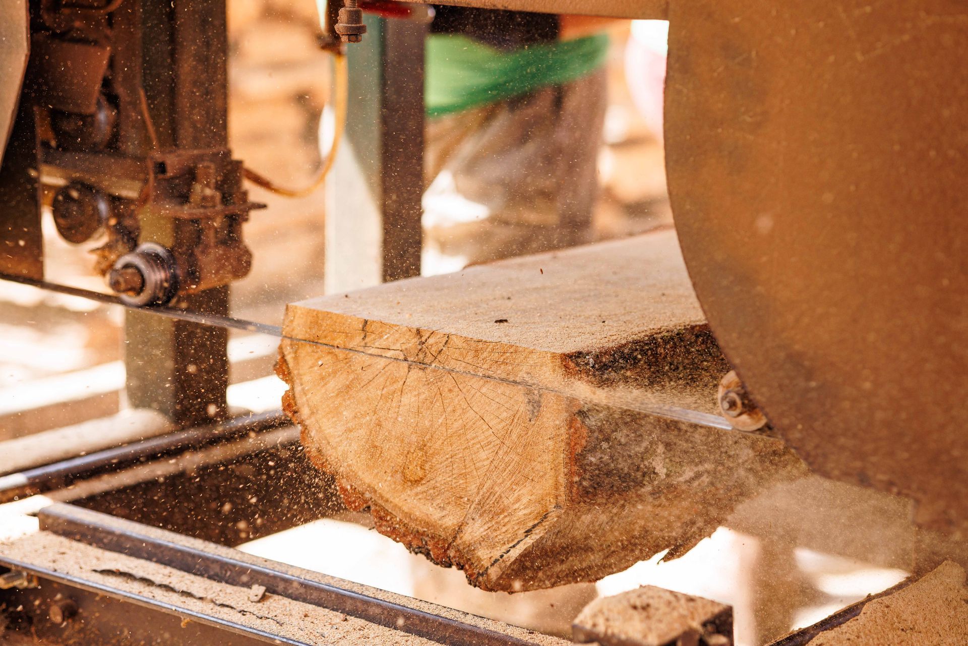 A log being sawn by a band saw, creating sawdust in an outdoor setting.