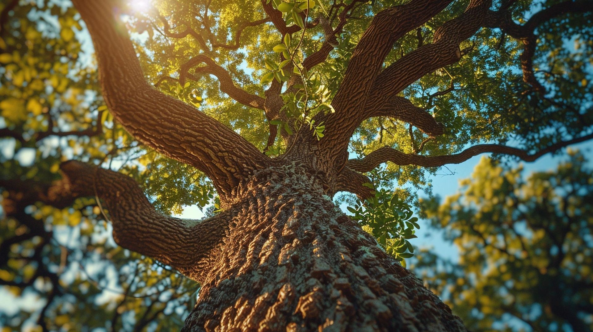 The sun is shining through the branches of a tree.