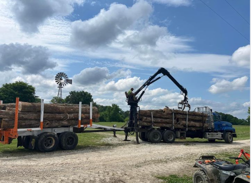 A truck with a crane loading logs onto a trailer under a cloudy blue sky, next to a windmill.