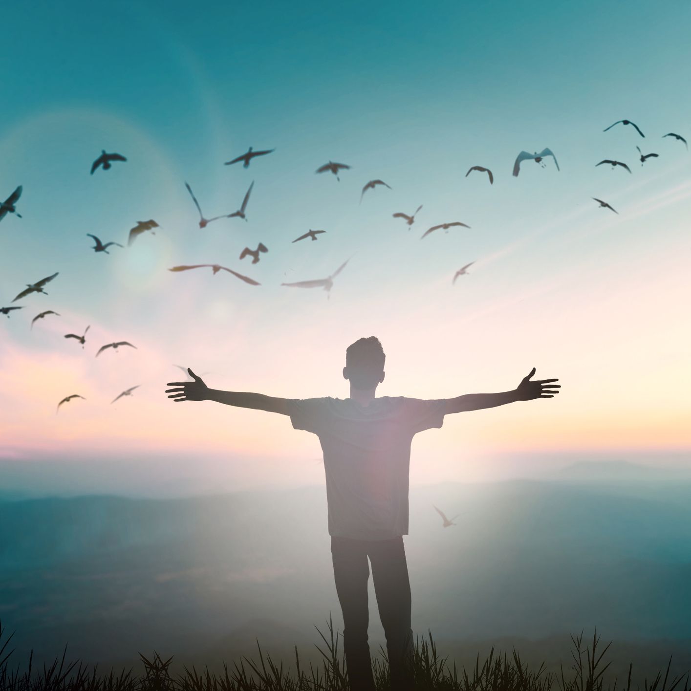 A man is standing on top of a hill with his arms outstretched in front of a flock of birds.