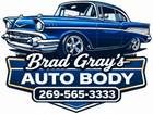 Blue classic car logo for Brad Gray&rsquo;s Auto Body with phone number 269-565-3333