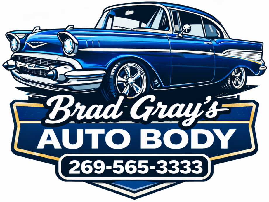 Blue classic car logo for Brad Gray&rsquo;s Auto Body with phone number 269-565-3333
